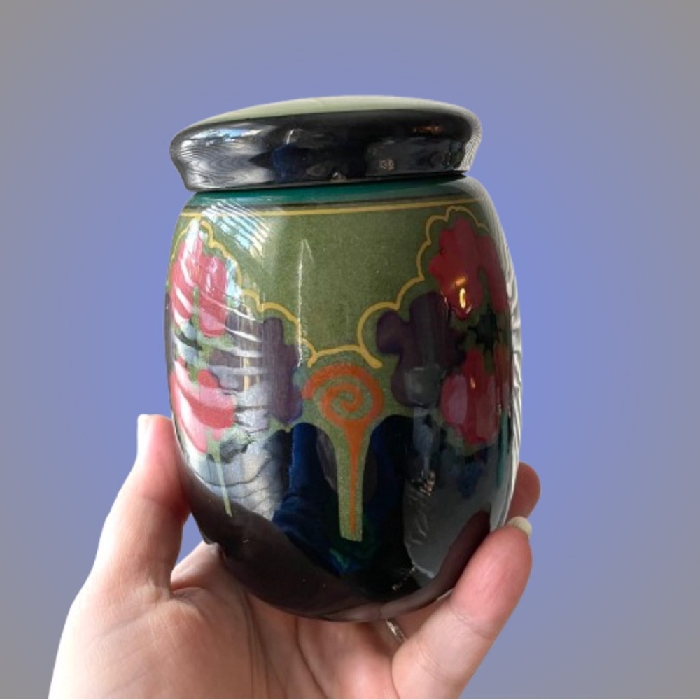 Vintage Gouda Art Nouveau pottery lidded jar abstract colorful